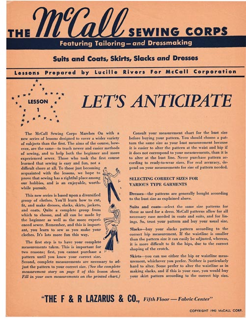 Reproduction of 1943 'The McCall Sewing Corps' Series of Lessons Booklets (Reproduction)