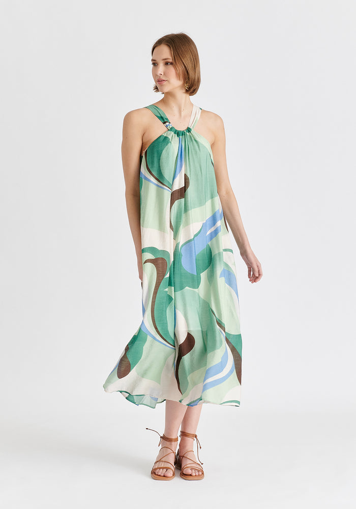 Retro Wave Halter Neck Midi Dress with Belt in Green, Brown, Blue, Mint and White Front