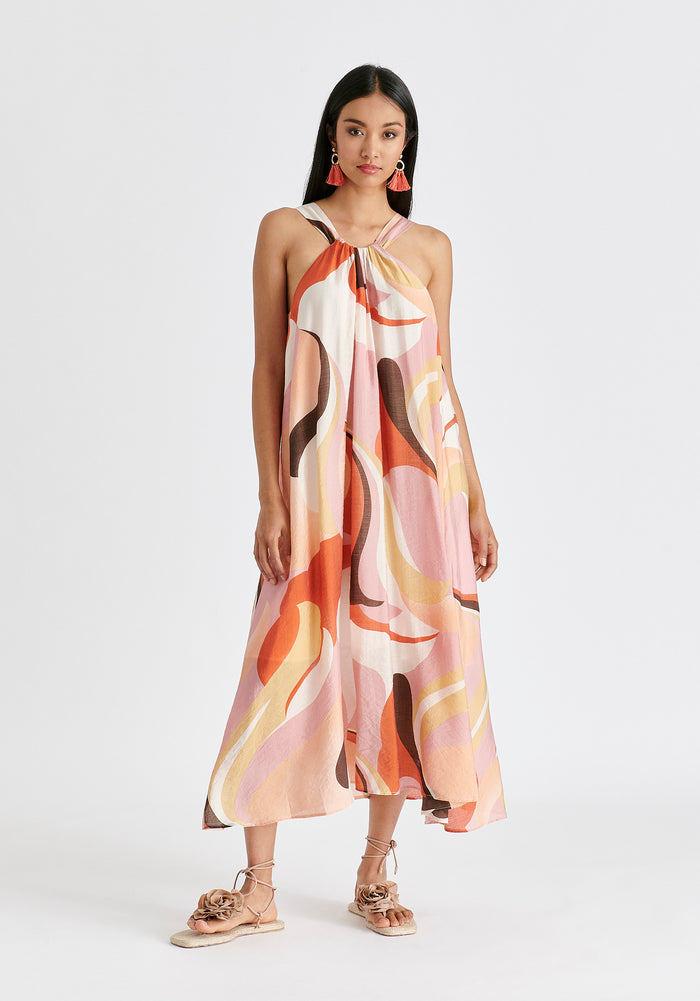 Retro Wave Halter Neck Midi Dress with Belt in Red, Pink, Peach, Brown and White