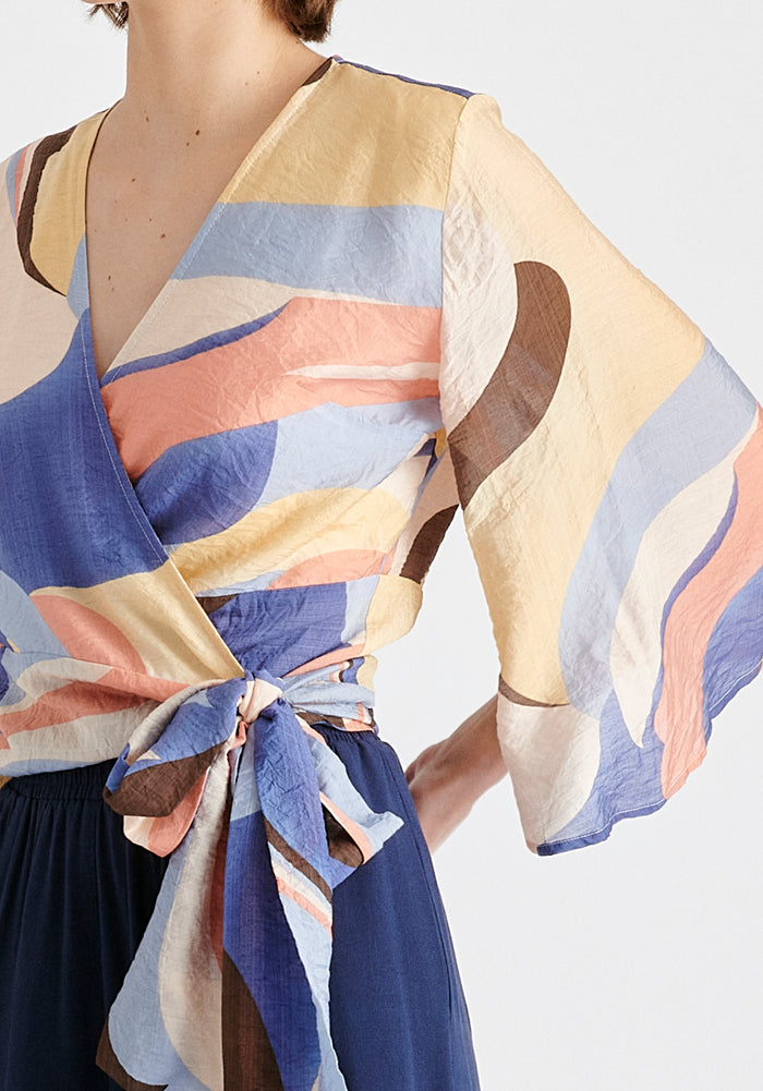 Retro Wave Wrap Kimono Blouse in Blue, Brown, Pastel Yellow, Pink and White