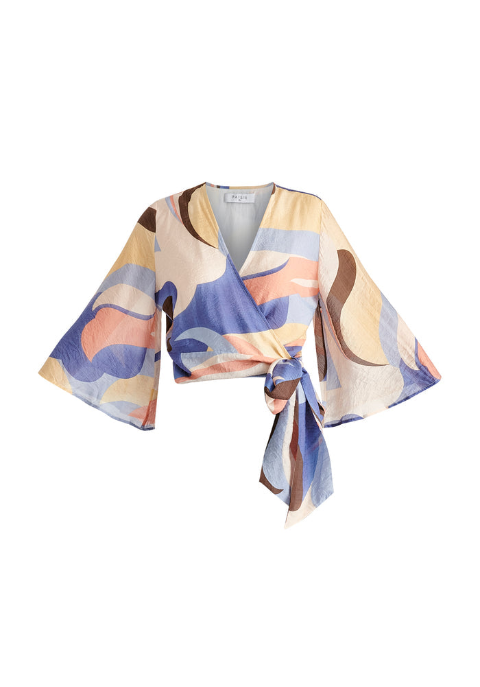 Retro Wave Wrap Kimono Blouse in Blue, Brown, Pastel Yellow, Pink and White Cutout