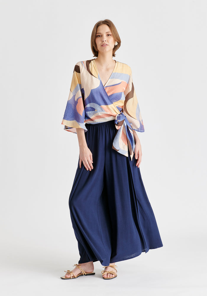 Retro Wave Wrap Kimono Blouse in Blue, Brown, Pastel Yellow, Pink and White Front