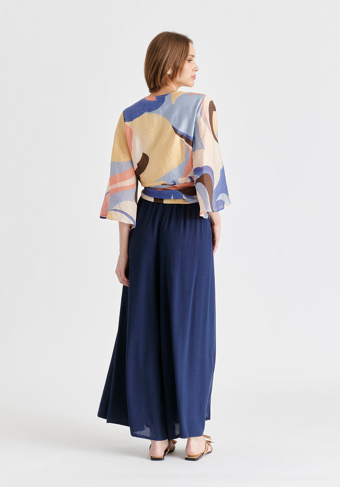 Retro Wave Wrap Kimono Blouse in Blue, Brown, Pastel Yellow, Pink and White Back