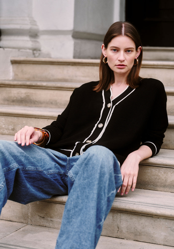 Ribbed Cardigan with Contrast Trim in Black White Photoshoot