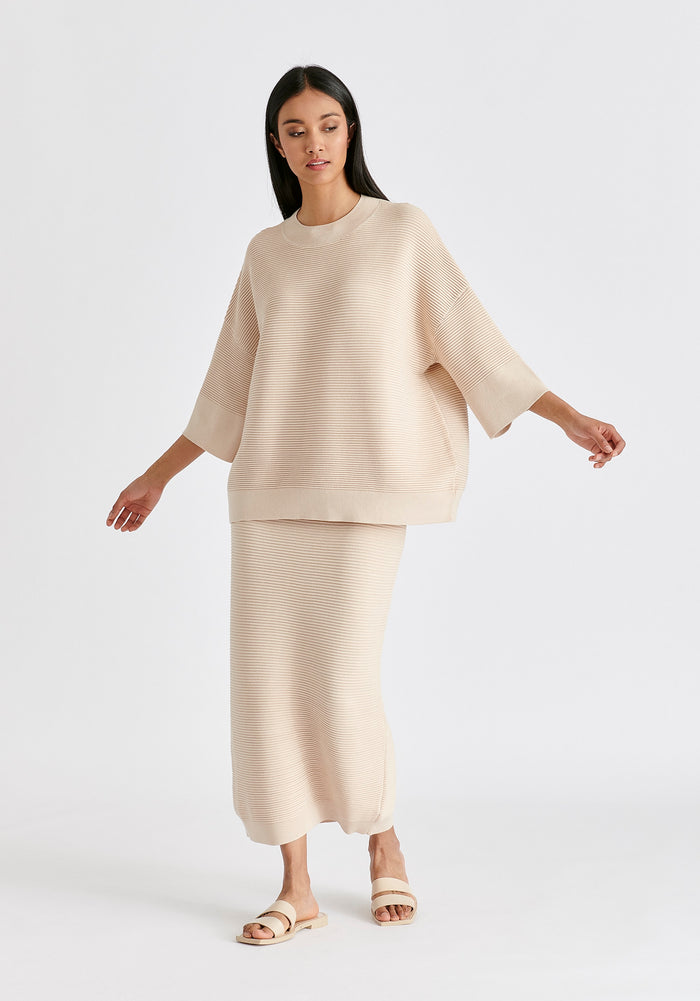 Ribbed Midi Skirt In Beige Front