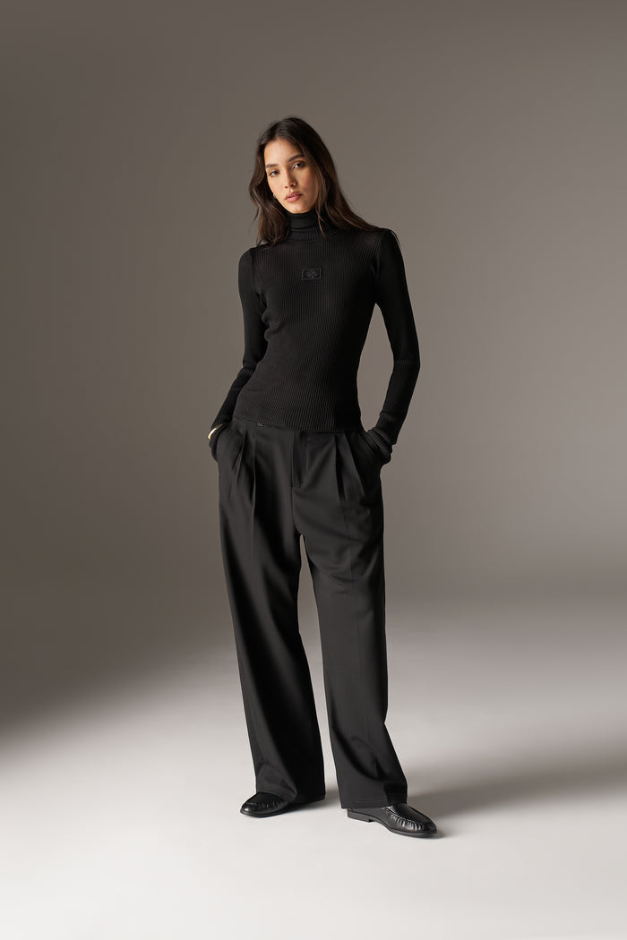 RIBBED ROLL NECK TOP - BLACK