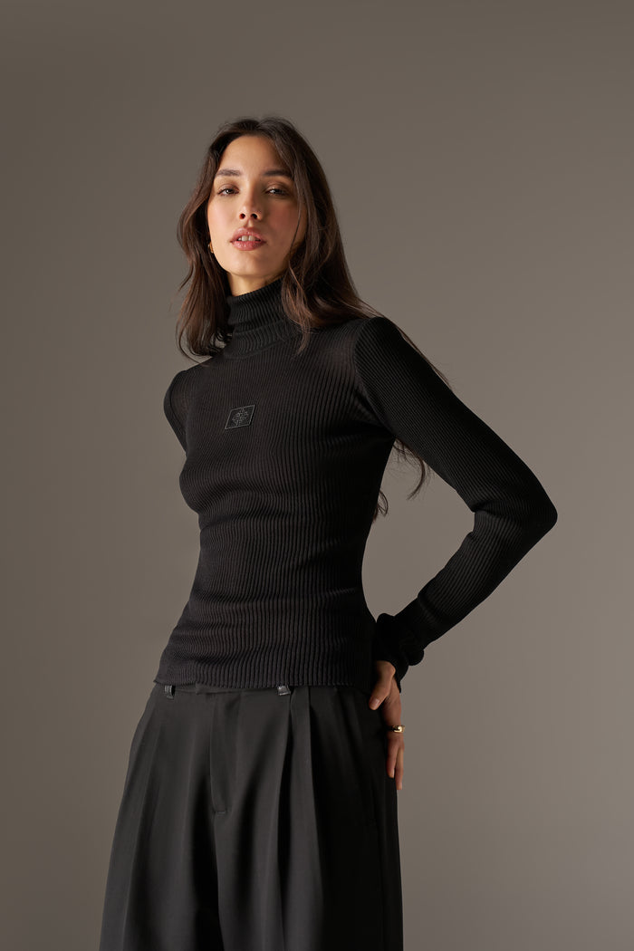 RIBBED ROLL NECK TOP - BLACK