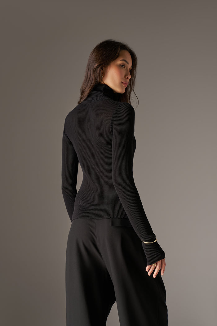 RIBBED ROLL NECK TOP - BLACK