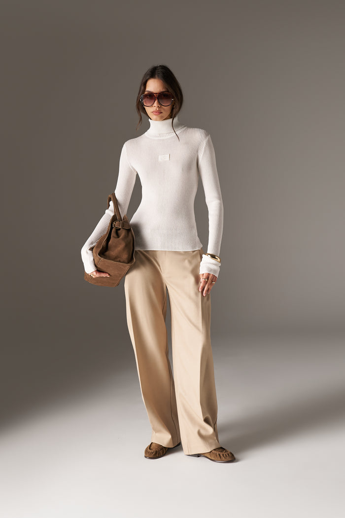 RIBBED ROLL NECK TOP - BONE