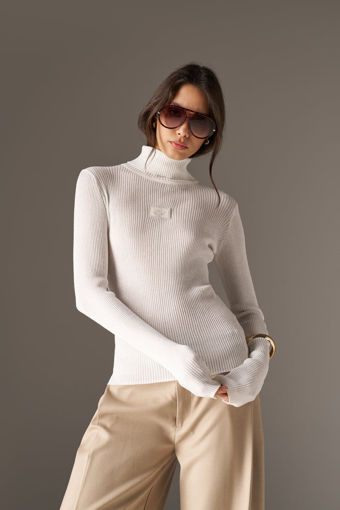 RIBBED ROLL NECK TOP - BONE