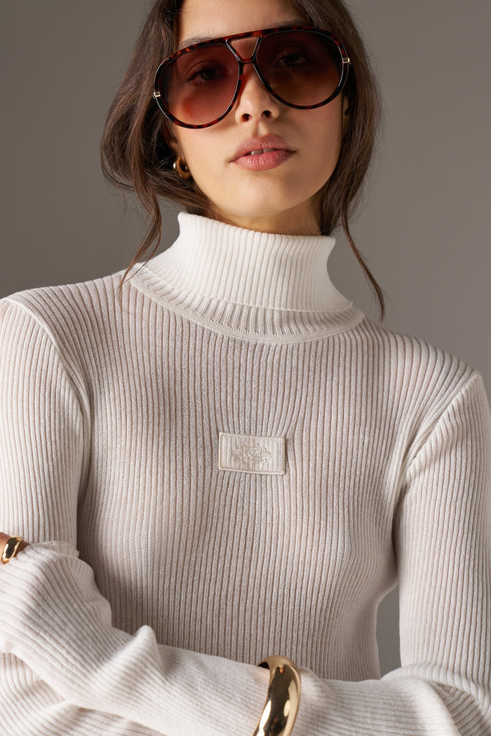 RIBBED ROLL NECK TOP - BONE