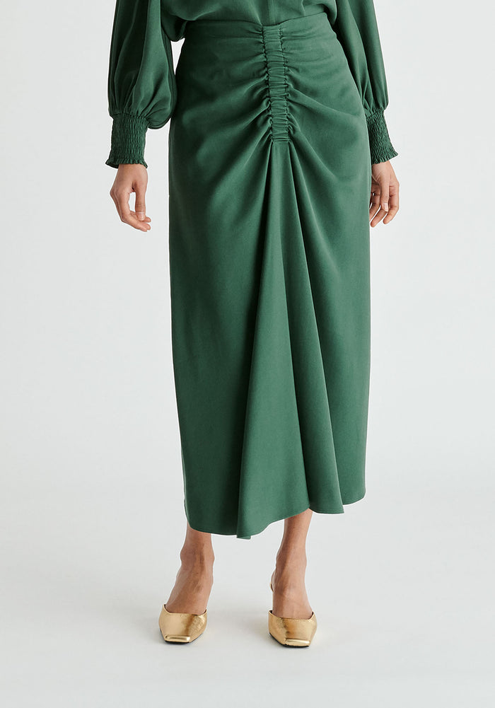 Ruched Front Midi Skirt in Green Closeup