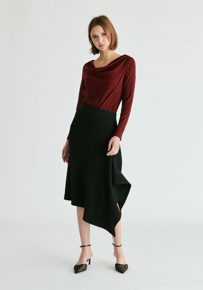 Ruched Jersey Top with Draped Neck in Burgundy Side