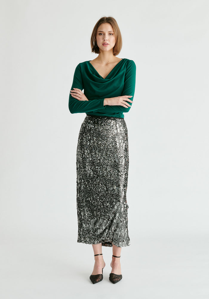 Ruched Jersey Top with Draped Neck in Green Front