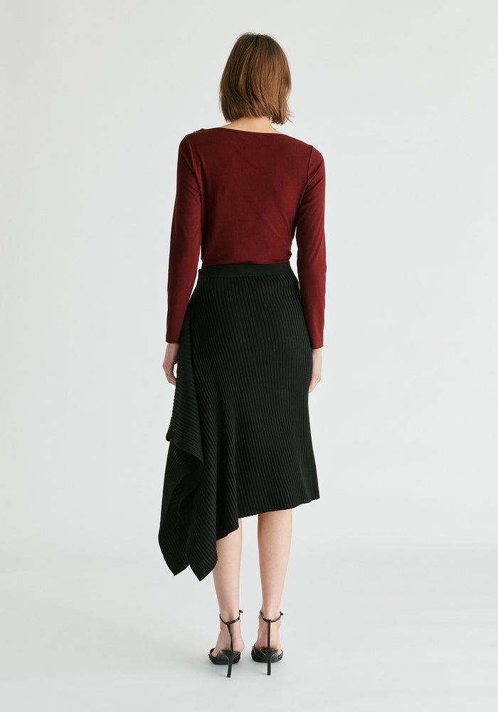 Ruched Jersey Top with Draped Neck in Burgundy Back