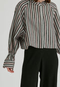 Ruffle Round Neck Blouse with Cinch Wrist Detail in Black Stripes Closeup