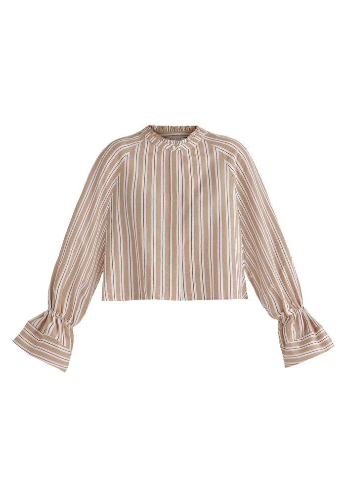 Ruffle Round Neck Blouse with Cinch Wrist Detail in Stripes