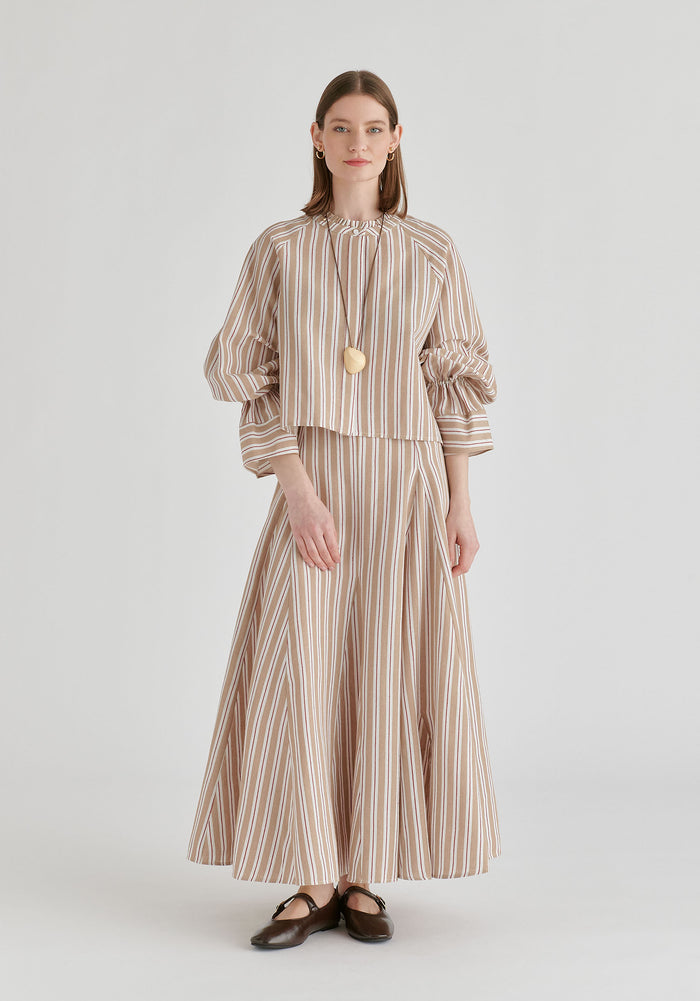 Ruffle Round Neck Blouse with Cinch Wrist Detail in Stripes