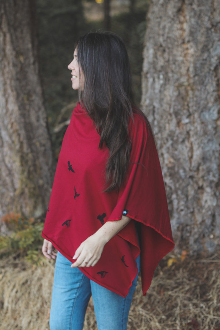 Scarlet Red Poncho with Birds Print