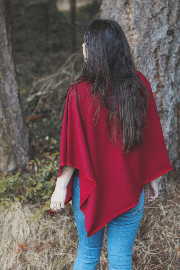 Scarlet Red Poncho with Birds Print