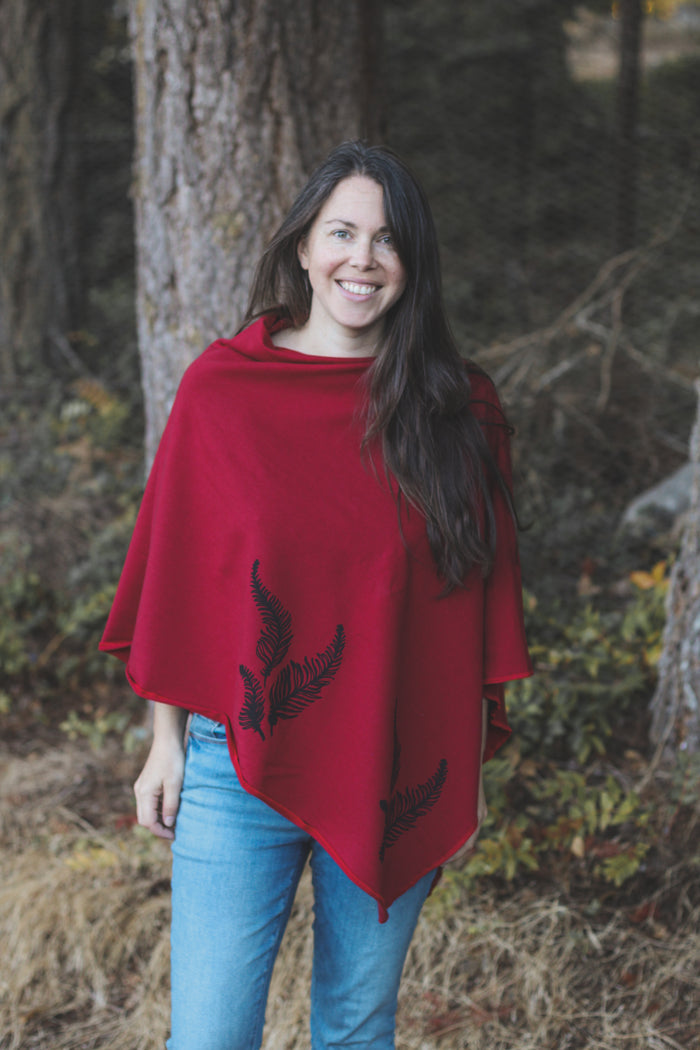 Scarlet Red Poncho with Fern Print
