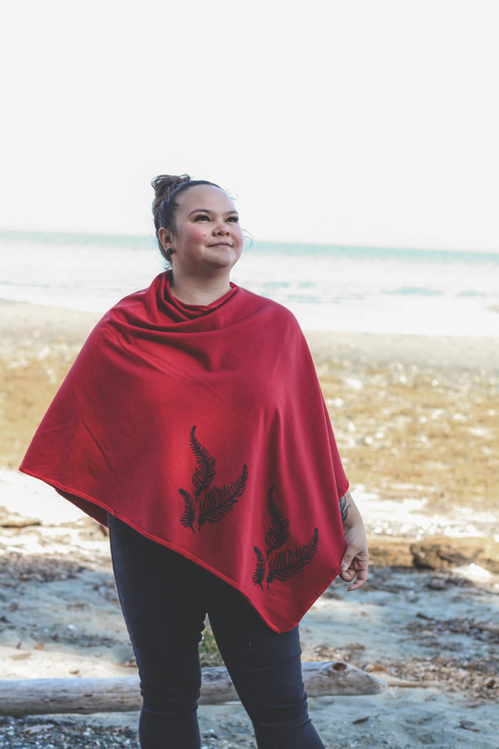 Scarlet Red Poncho with Fern Print
