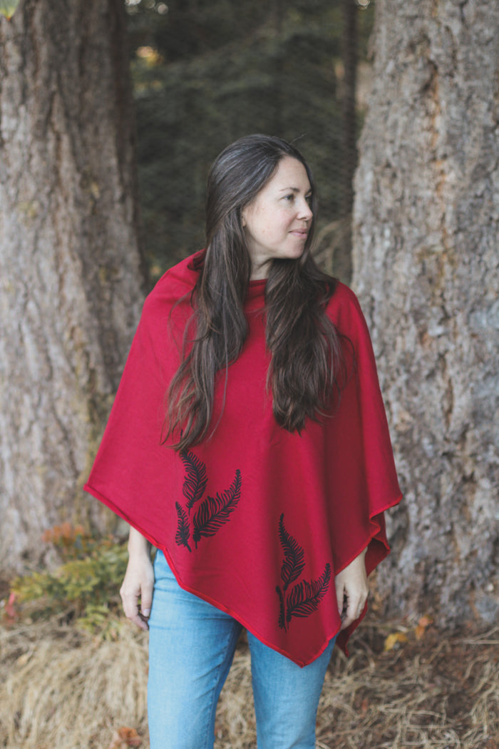 Scarlet Red Poncho with Fern Print