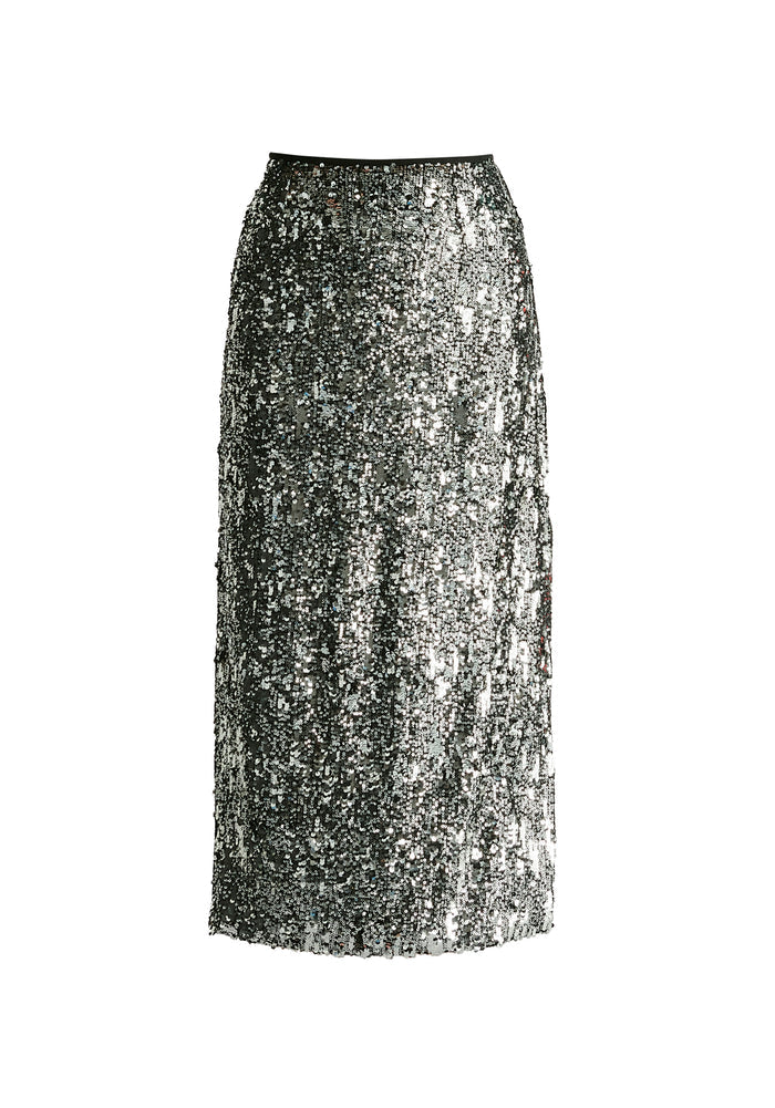 Sequin Midi Skirt with Side Slit in Dark Grey Cutout