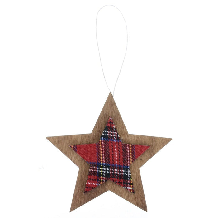 Set of 6 Tartan Wooden Hanging Christmas Tree Decorations