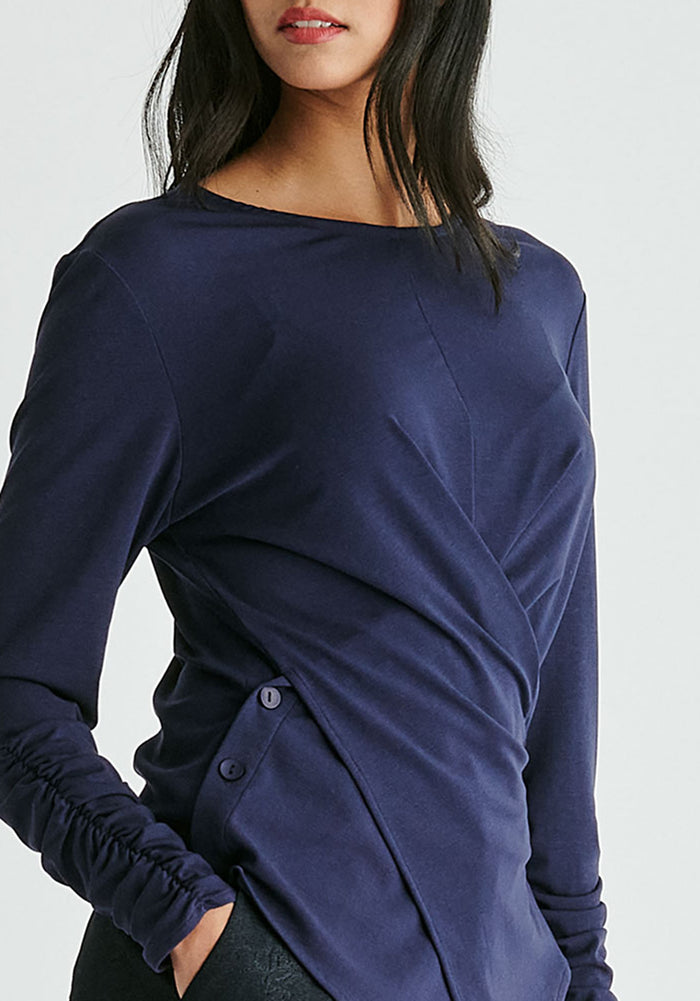 Side Button Jersey Wrap Top in Navy Closeup