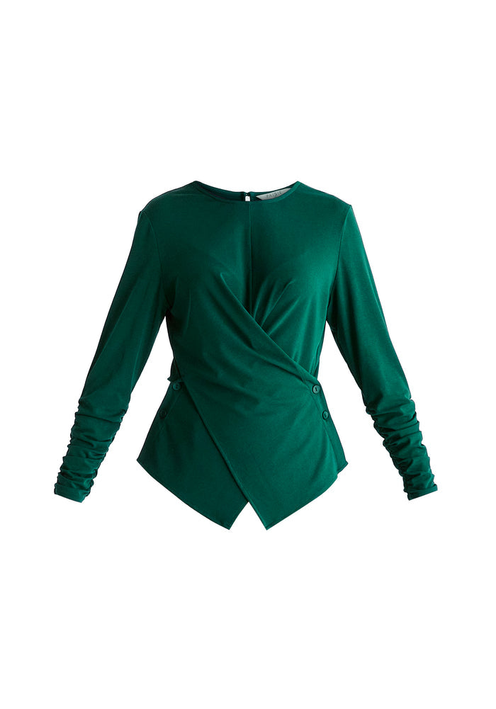 Side Button Jersey Wrap Top in Green Cutout