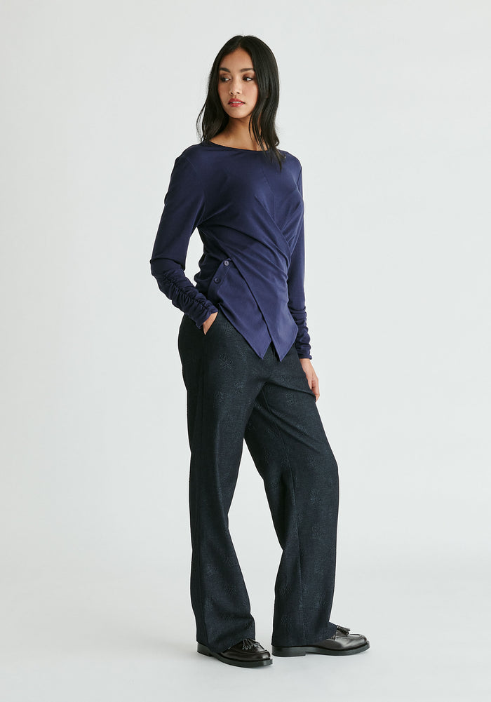 Side Button Jersey Wrap Top in Navy Side