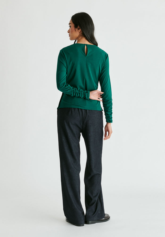Side Button Jersey Wrap Top in Green Back