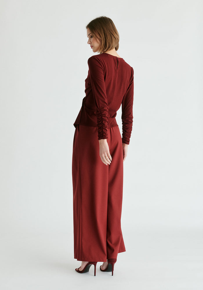 Side Button Jersey Wrap Top in Burgundy Back