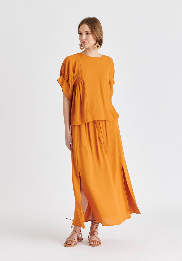 Side Splits Midi Skirt with Drawstring in Ochre Yellow Side