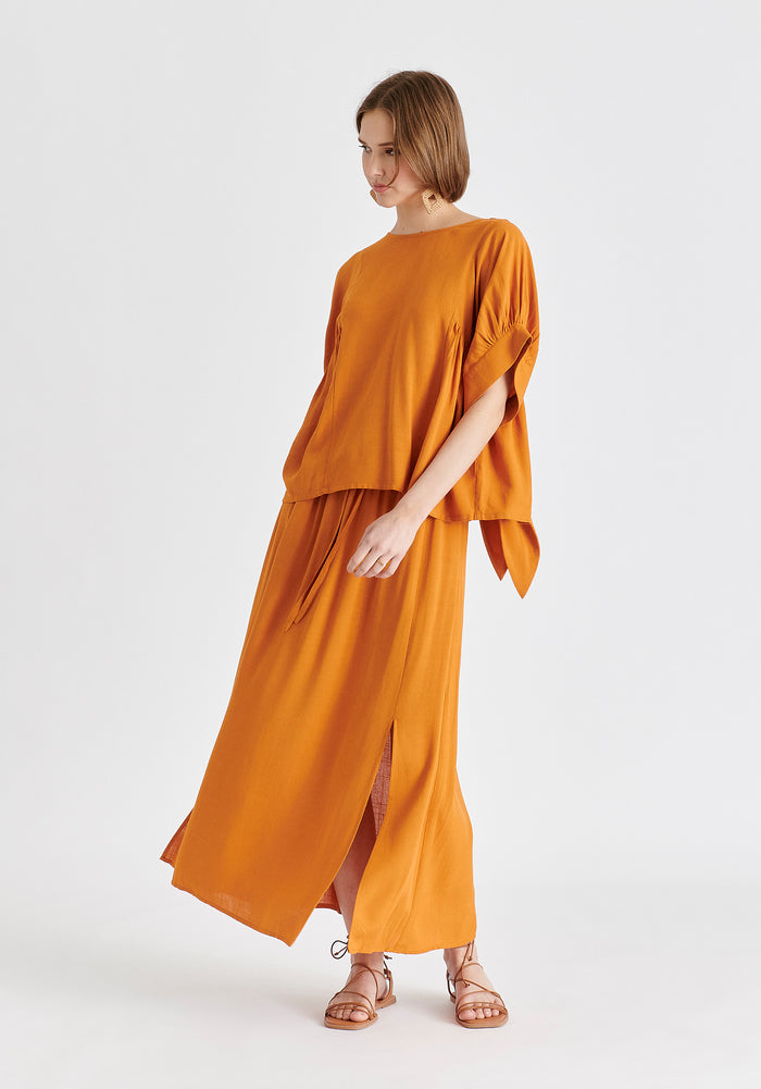Side Splits Midi Skirt with Drawstring in Ochre Yellow Side