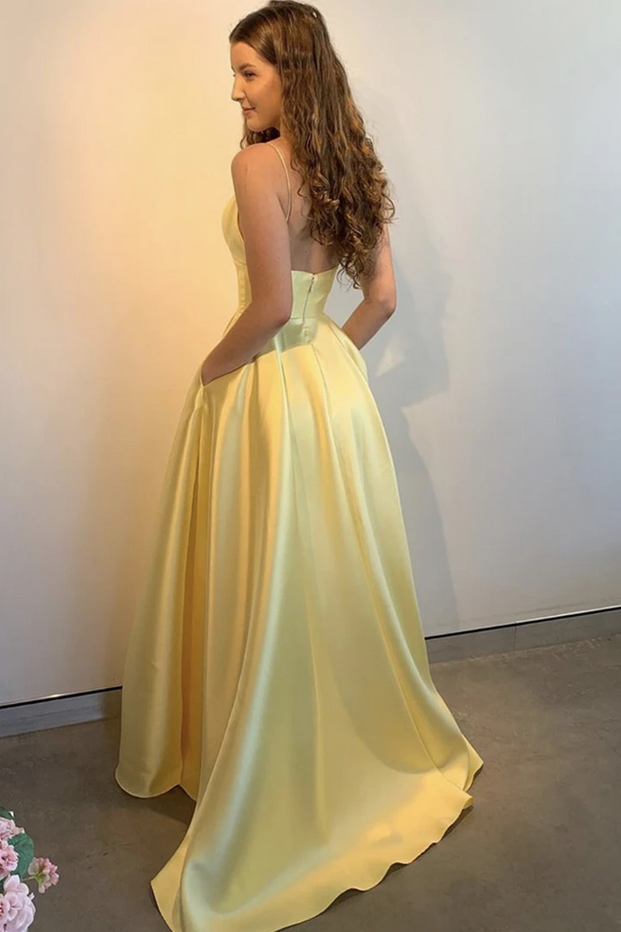 Simple A Line V Neck Blue Satin Long Prom Dresses, A Line V Neck Yellow Satin Long Formal Evening Dresses