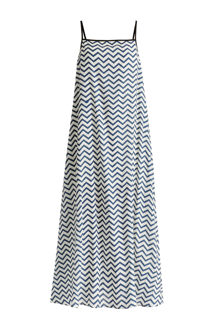 Spaghetti Strap Swing Dress in Zigzag Pattern in White and Blue Cutout