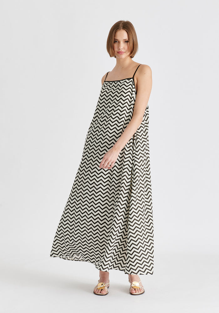 Spaghetti Strap Swing Dress in Zigzag Pattern in White and Black Front