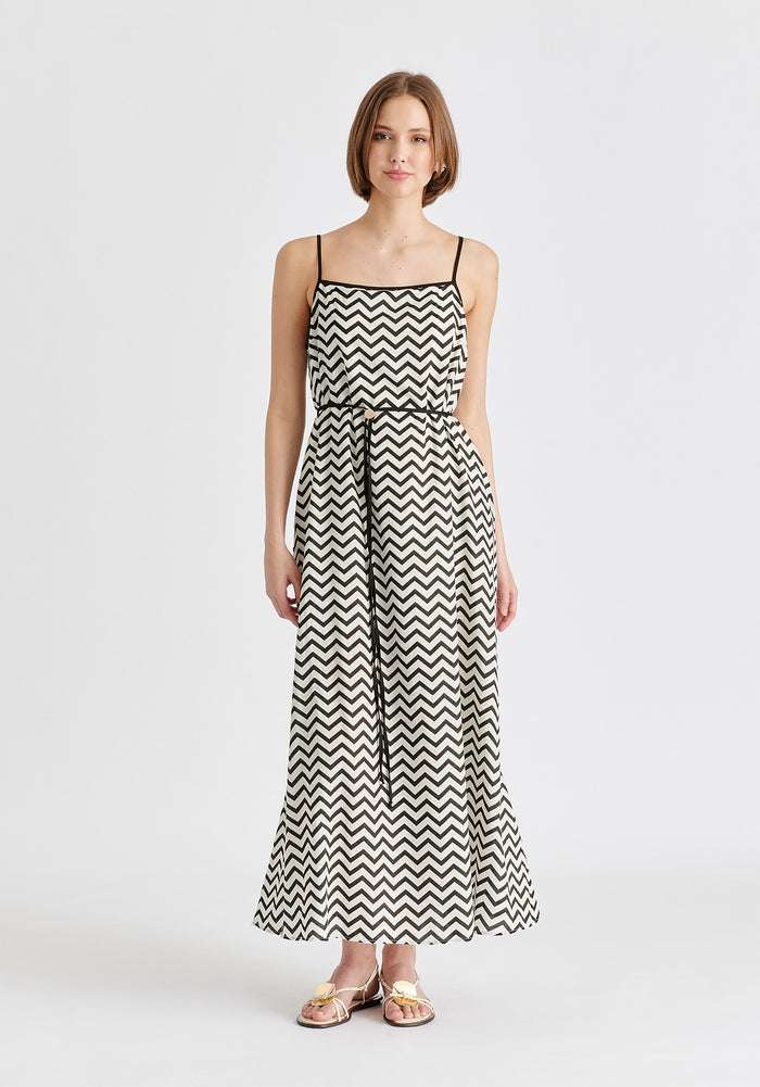 Spaghetti Strap Swing Dress in Zigzag Pattern in White and Black Front