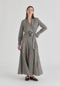 Split Collarless Wrap Top with Side-Tie Waist in Stripes Black Front