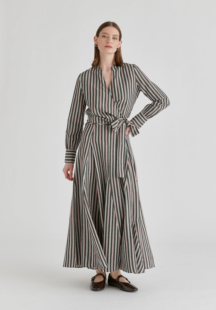 Split Collarless Wrap Top with Side-Tie Waist in Stripes Black Front