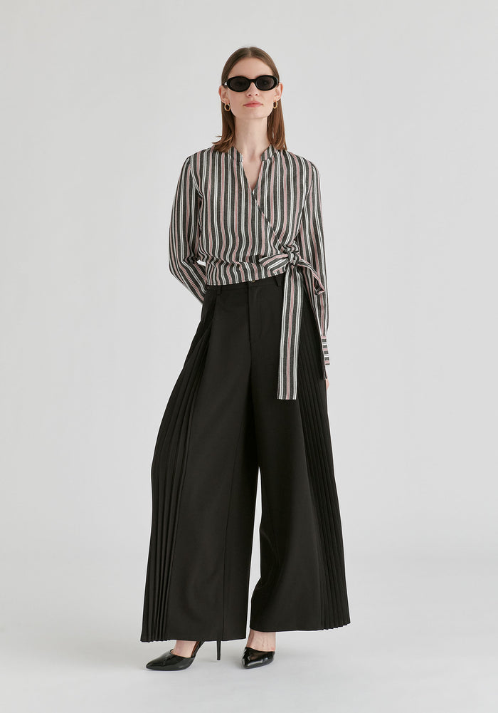 Split Collarless Wrap Top with Side-Tie Waist in Stripes Black Front
