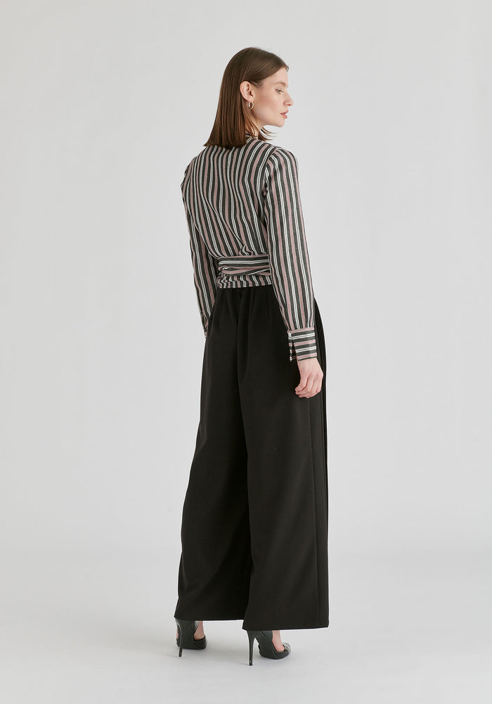 Split Collarless Wrap Top with Side-Tie Waist in Stripes Black Back
