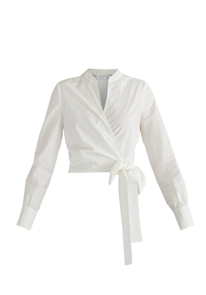 Split Collarless Wrap Top with Side-Tie Waist
