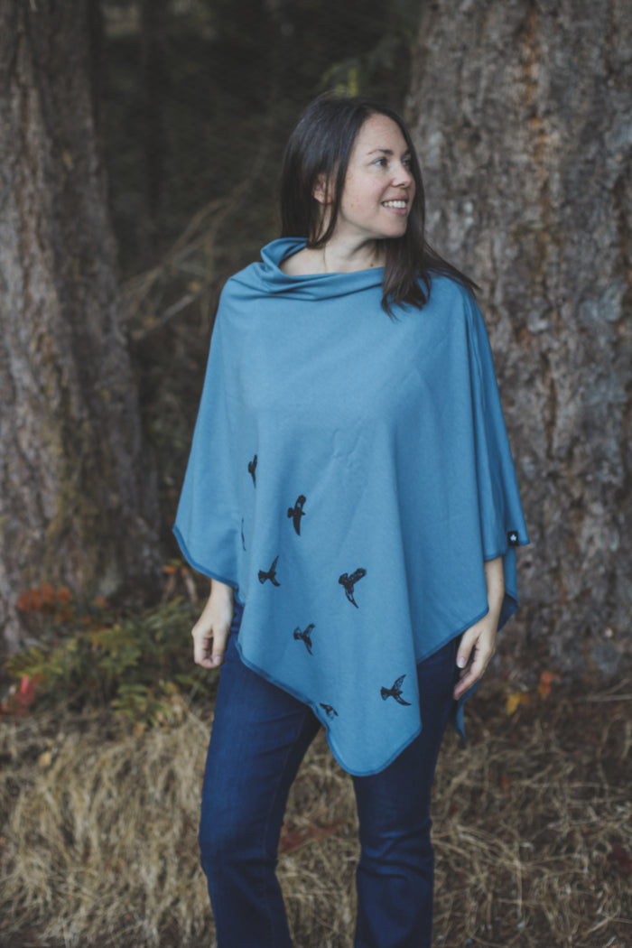 Stellar Blue Poncho with Birds Print