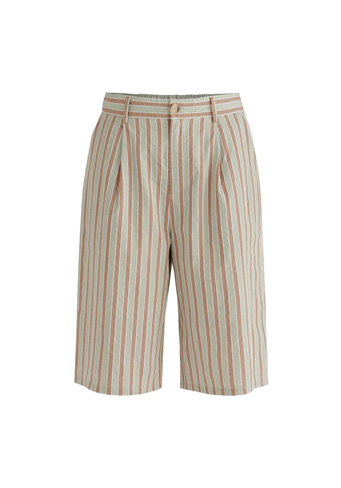 Striped Bermuda Shorts in Taupe and Green Cutout