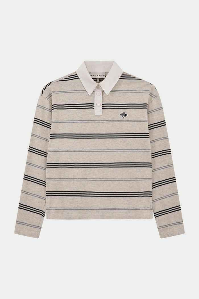 STRIPED LONG SLEEVE POLO TEE - GREY MARL