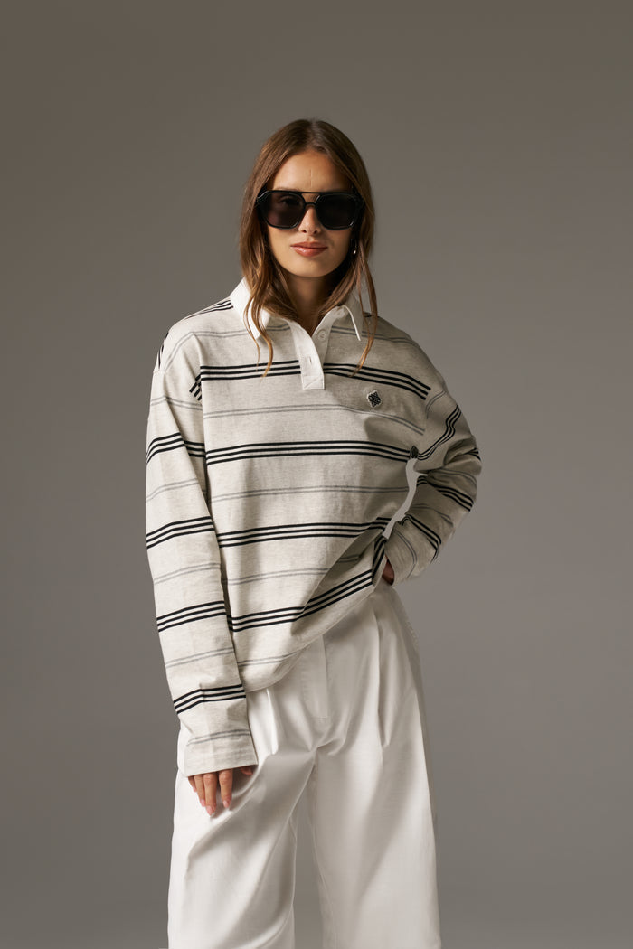 STRIPED LONG SLEEVE POLO TEE - GREY MARL