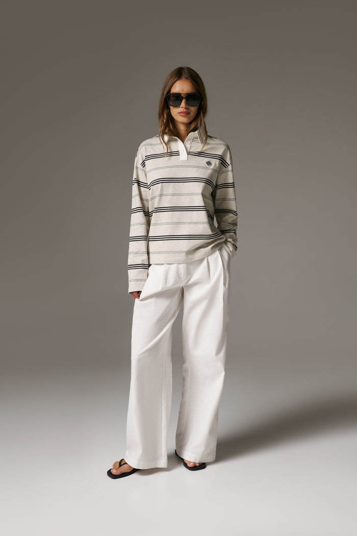 STRIPED LONG SLEEVE POLO TEE - GREY MARL